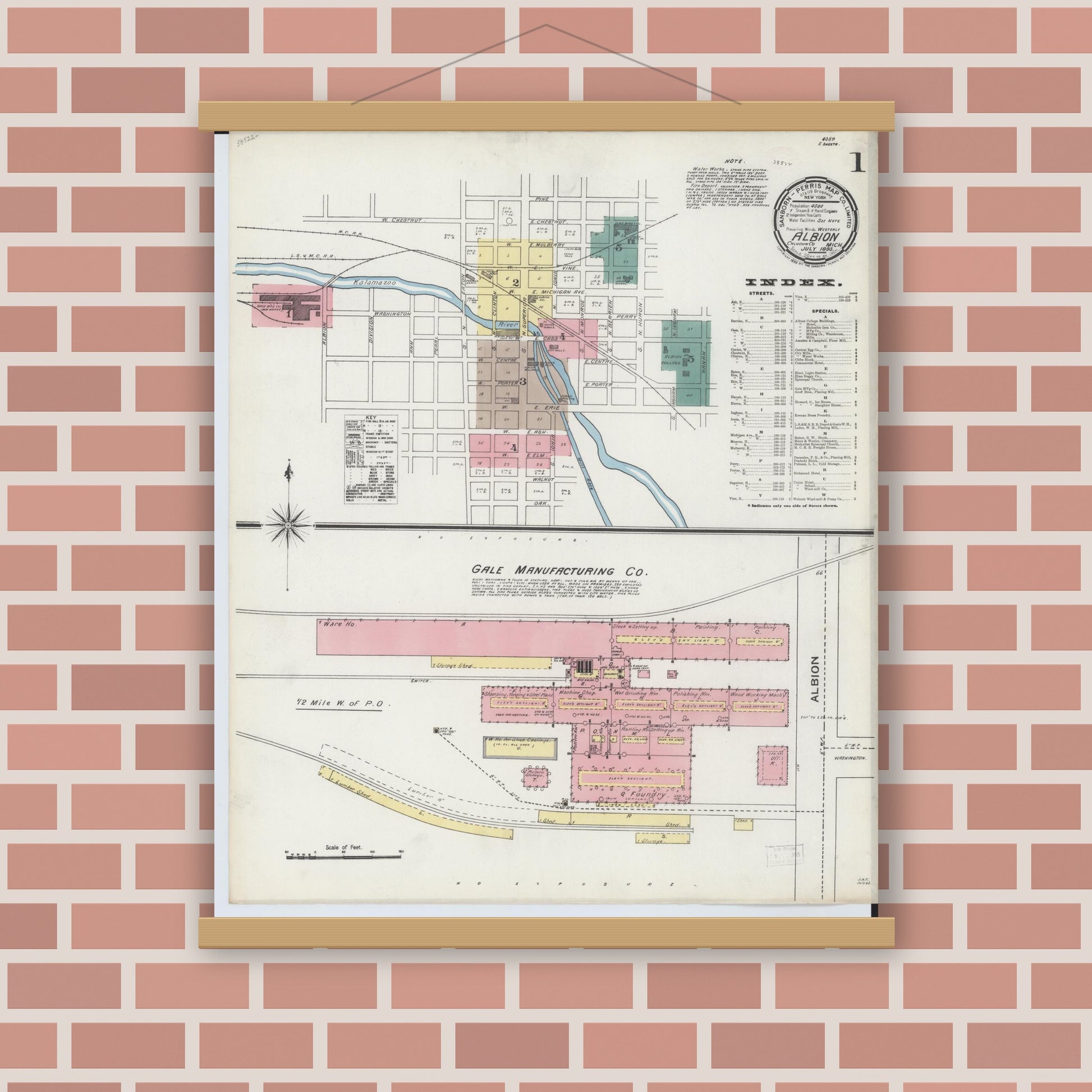 Old map wall art mockup — magnetic wood frame on brick wall — Sanborn Fire Insurance Map from Albion, Calhoun County, Michigan (1893) - Complete Map Set