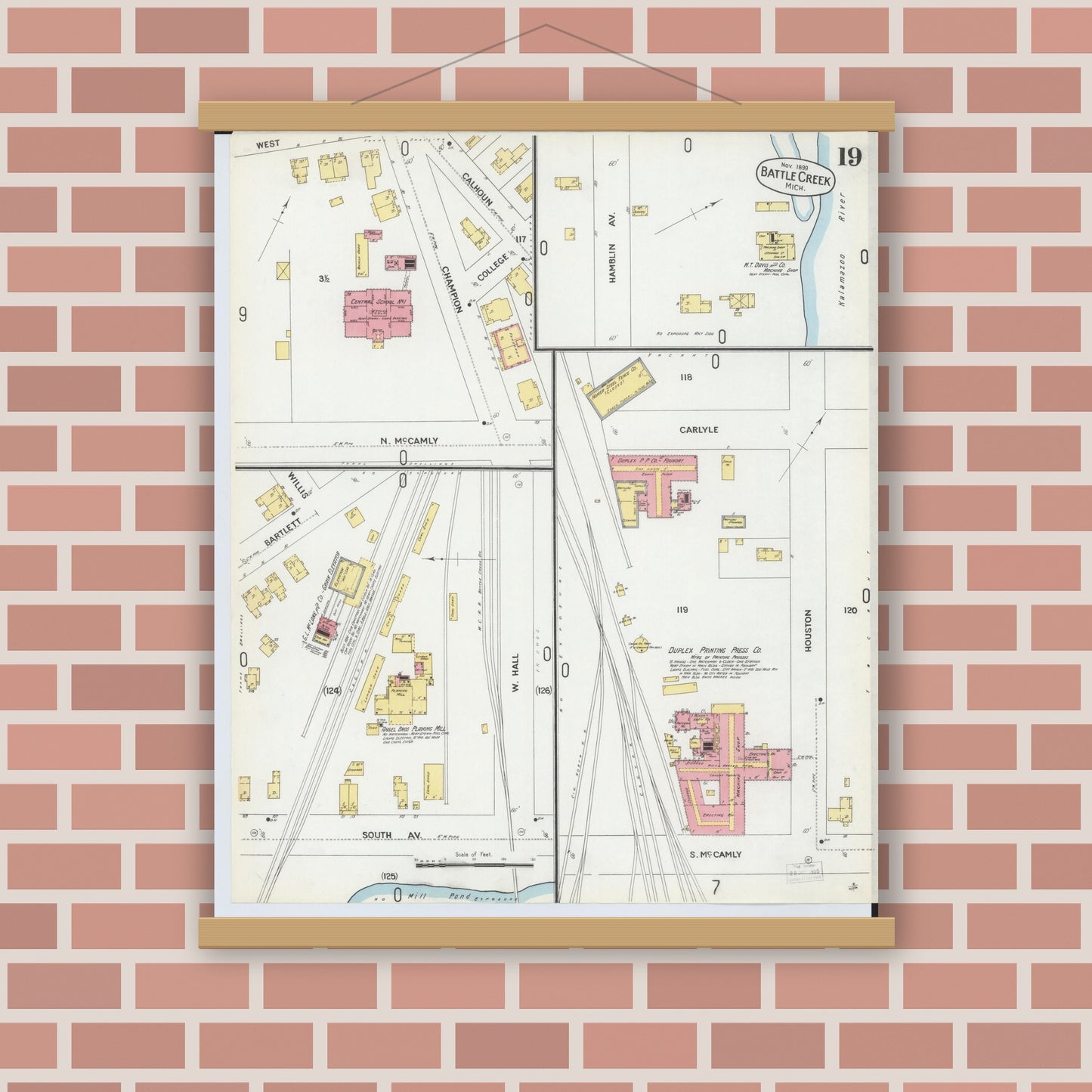 Old map wall art mockup — magnetic wood frame on brick wall — Sanborn Fire Insurance Map from Battle Creek, Calhoun County, Michigan (1899), Sheet #0019