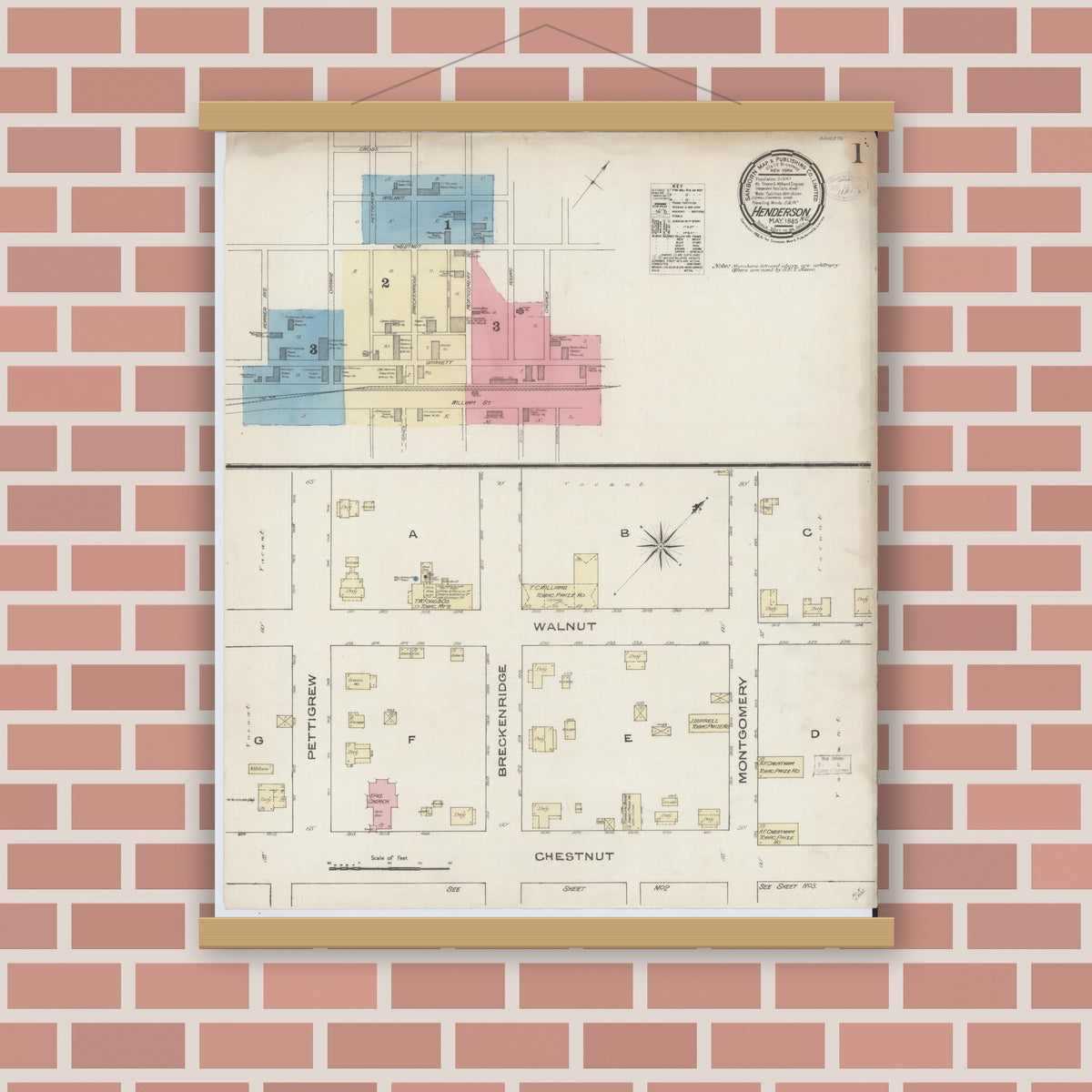 Old map wall art mockup — magnetic wood frame on brick wall — Sanborn Fire Insurance Map from Henderson, Vance County, North Carolina (1885), Sheet #0001