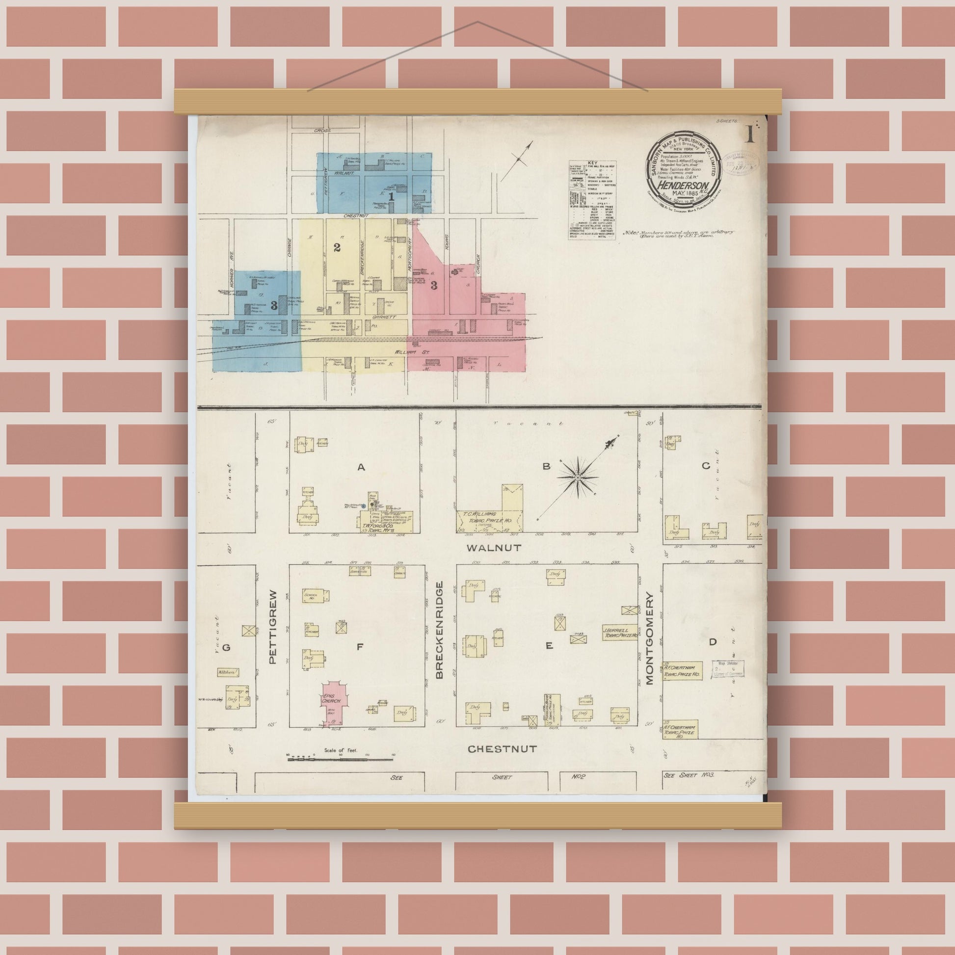 Old map wall art mockup — magnetic wood frame on brick wall — Sanborn Fire Insurance Map from Henderson, Vance County, North Carolina (1885), Sheet #0001
