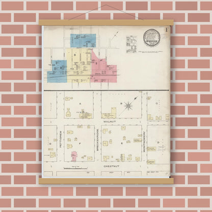 Old map wall art mockup — magnetic wood frame on brick wall — Sanborn Fire Insurance Map from Henderson, Vance County, North Carolina (1885), Sheet #0001