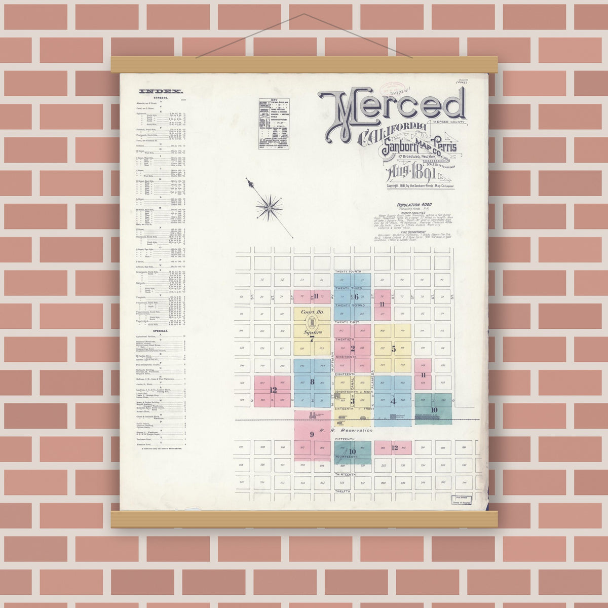 Old map wall art mockup — magnetic wood frame on brick wall — Sanborn Fire Insurance Map from Merced, Merced County, California (1891), Sheet #0001