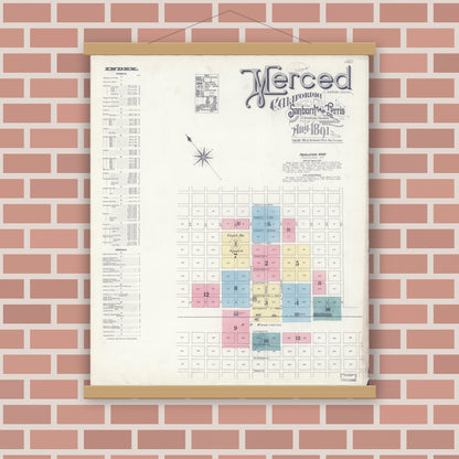 Old map wall art mockup — magnetic wood frame on brick wall — Sanborn Fire Insurance Map from Merced, Merced County, California (1891), Sheet #0001