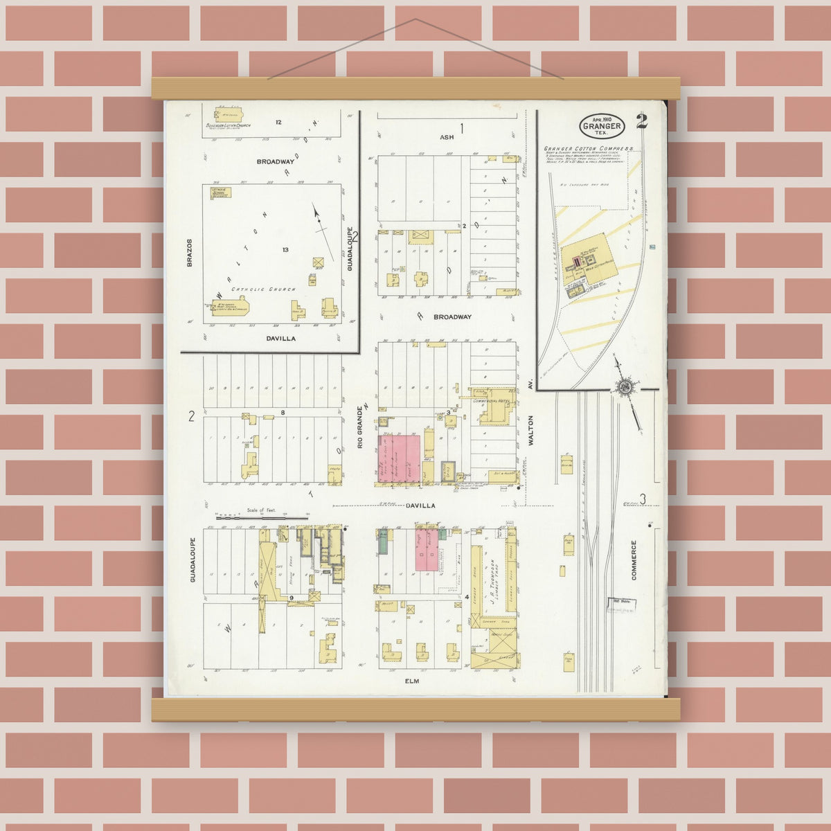 Old map wall art mockup — magnetic wood frame on brick wall — Sanborn Fire Insurance Map from Granger, Williamson County, Texas (1910), Sheet #0002