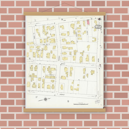 Old map wall art mockup — magnetic wood frame on brick wall — Sanborn Fire Insurance Map from Clinton, Worcester County, Massachusetts (1911), Sheet #0016