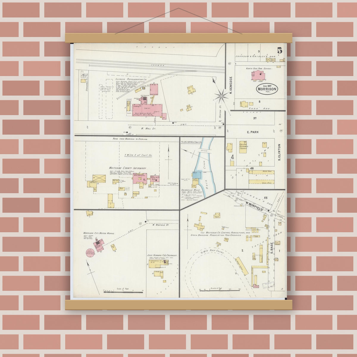 Old map wall art mockup — magnetic wood frame on brick wall — Sanborn Fire Insurance Map from Morrison, Whiteside County, Illinois (1897), Sheet #0005