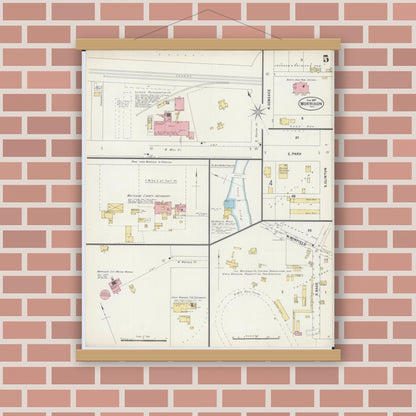 Old map wall art mockup — magnetic wood frame on brick wall — Sanborn Fire Insurance Map from Morrison, Whiteside County, Illinois (1897), Sheet #0005