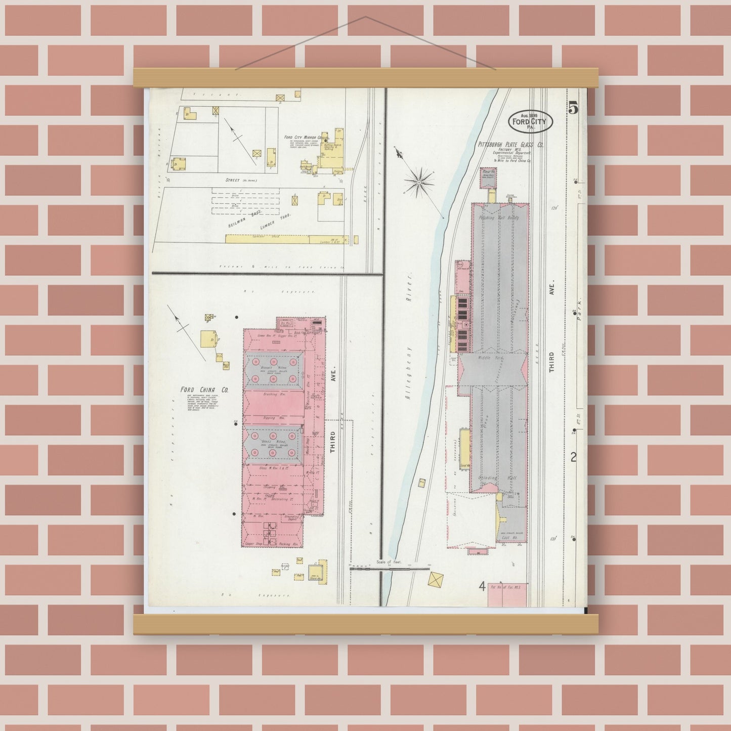 Old map wall art mockup — magnetic wood frame on brick wall — Sanborn Fire Insurance Map from Ford City, Armstrong County, Pennsylvania (1899), Sheet #0005