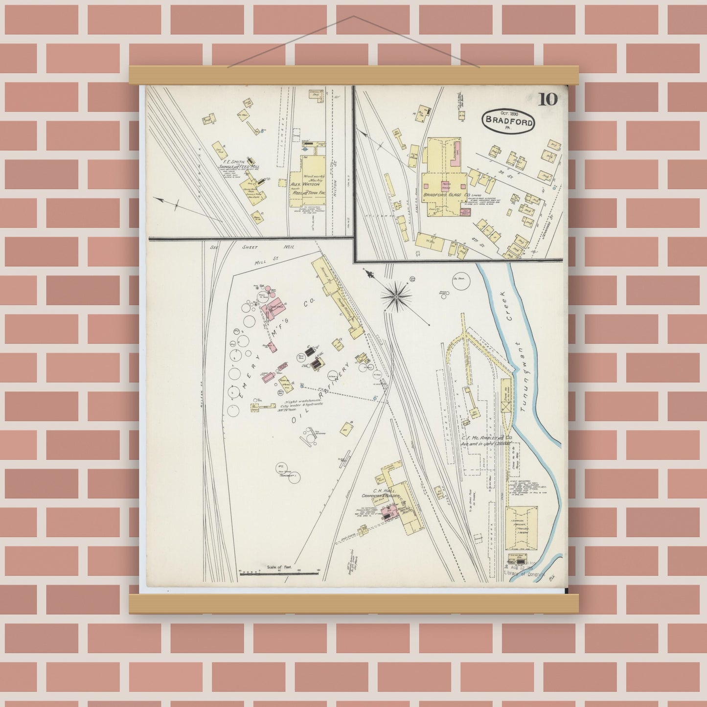 Old map wall art mockup — magnetic wood frame on brick wall — Sanborn Fire Insurance Map from Bradford, McKean County, Pennsylvania (1890), Sheet #0010