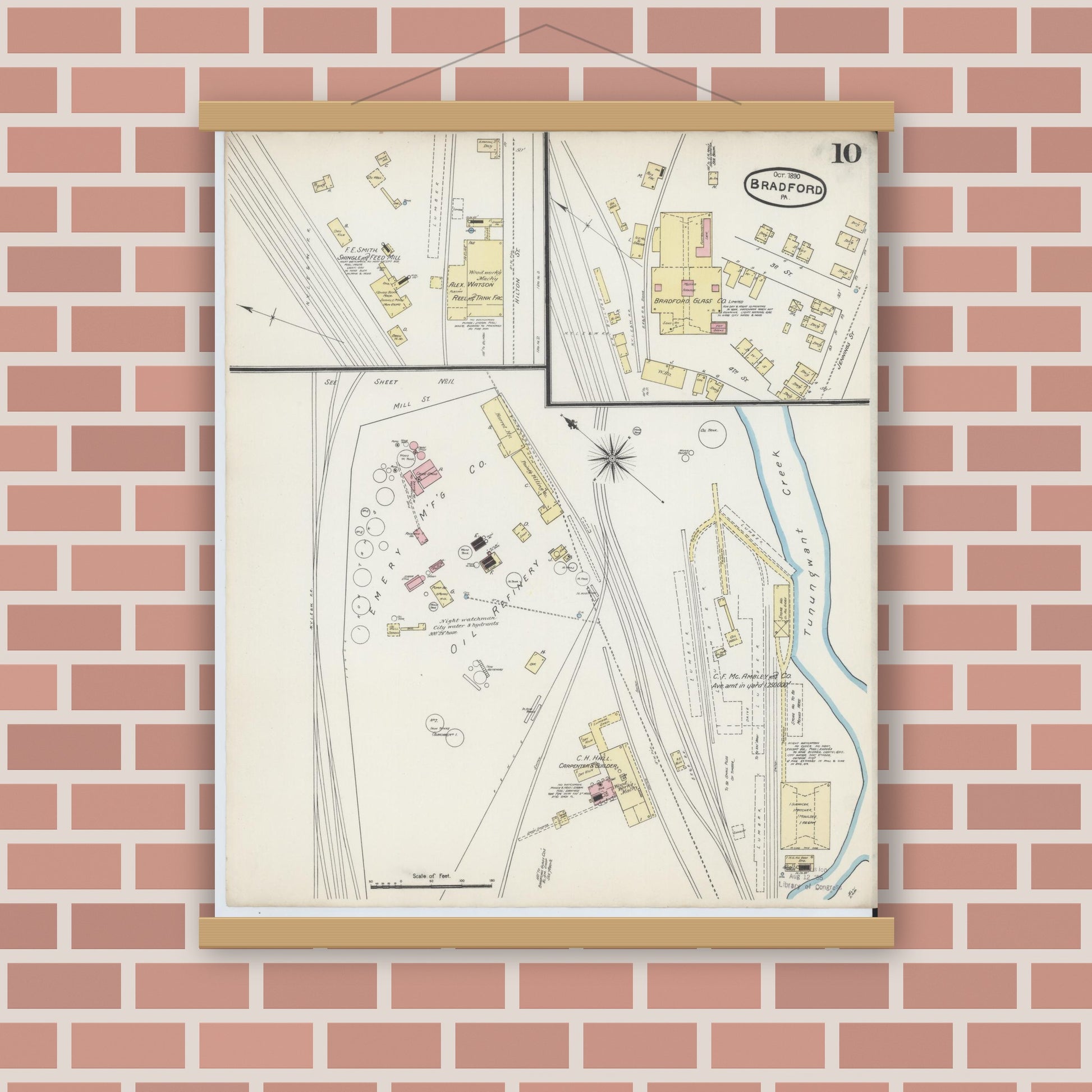 Old map wall art mockup — magnetic wood frame on brick wall — Sanborn Fire Insurance Map from Bradford, McKean County, Pennsylvania (1890), Sheet #0010
