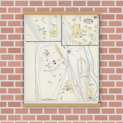 Old map wall art mockup — magnetic wood frame on brick wall — Sanborn Fire Insurance Map from Bradford, McKean County, Pennsylvania (1890), Sheet #0010