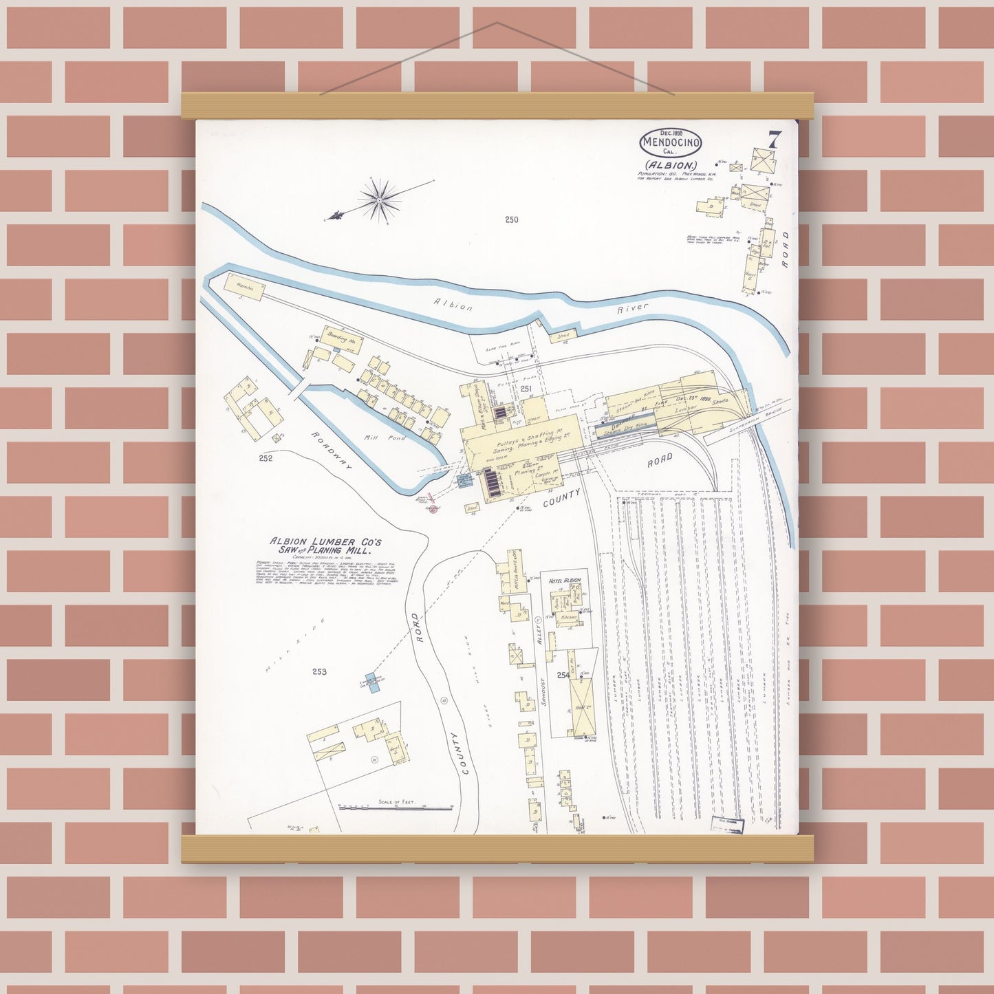 Old map wall art mockup — magnetic wood frame on brick wall — Sanborn Fire Insurance Map from Mendocino, Mendocino County, California (1898), Sheet #0007