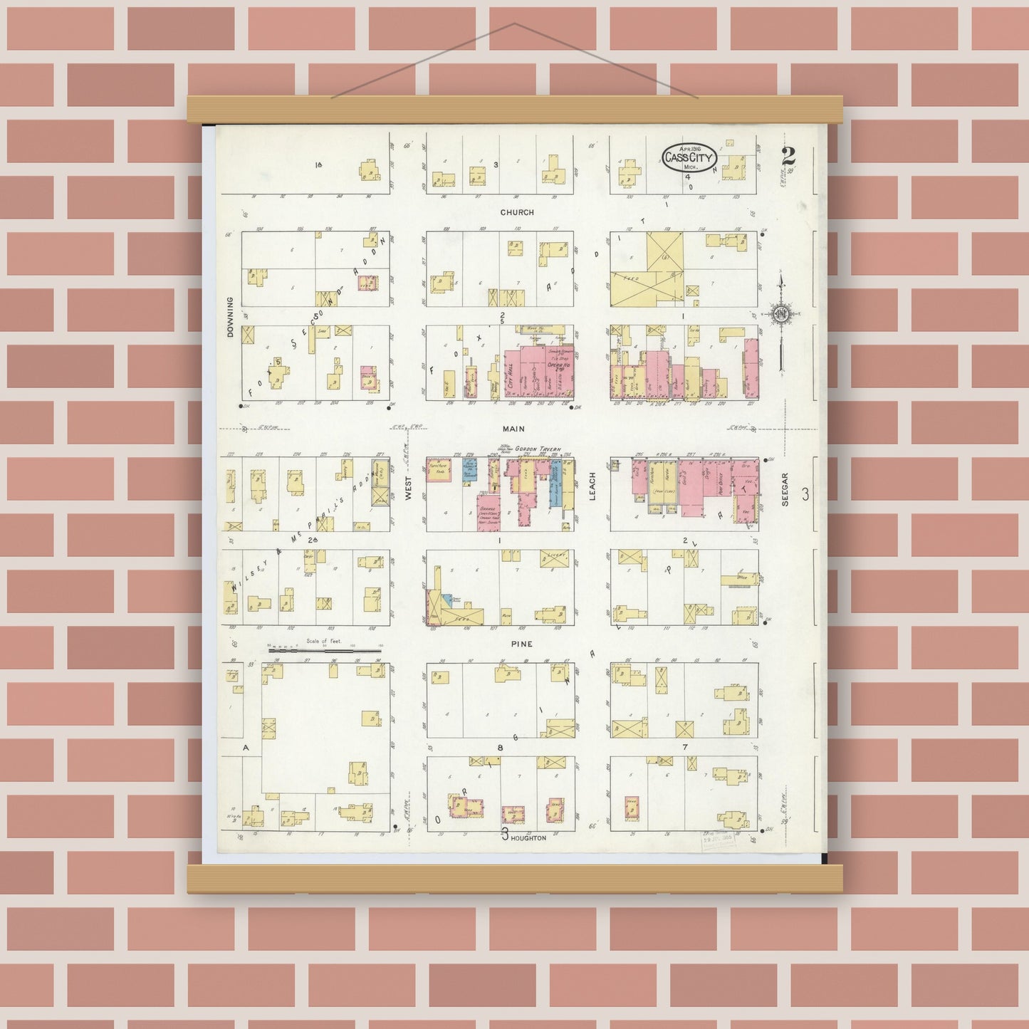 Old map wall art mockup — magnetic wood frame on brick wall — Sanborn Fire Insurance Map from Cass City, Tuscola County, Michigan (1916), Sheet #0002