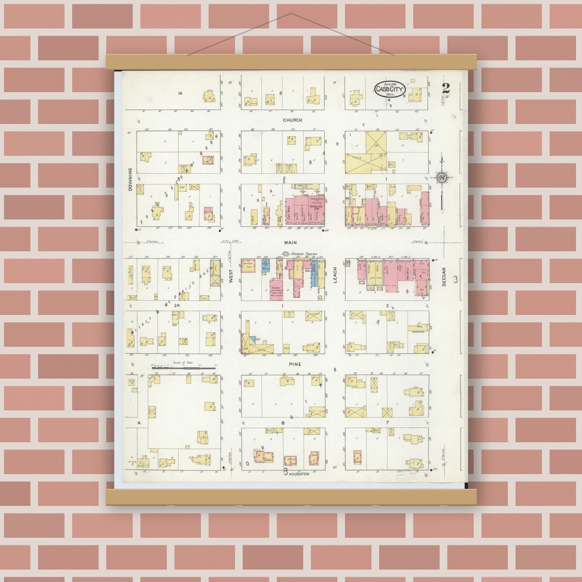 Old map wall art mockup — magnetic wood frame on brick wall — Sanborn Fire Insurance Map from Cass City, Tuscola County, Michigan (1916), Sheet #0002