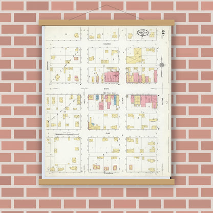 Old map wall art mockup — magnetic wood frame on brick wall — Sanborn Fire Insurance Map from Cass City, Tuscola County, Michigan (1916), Sheet #0002