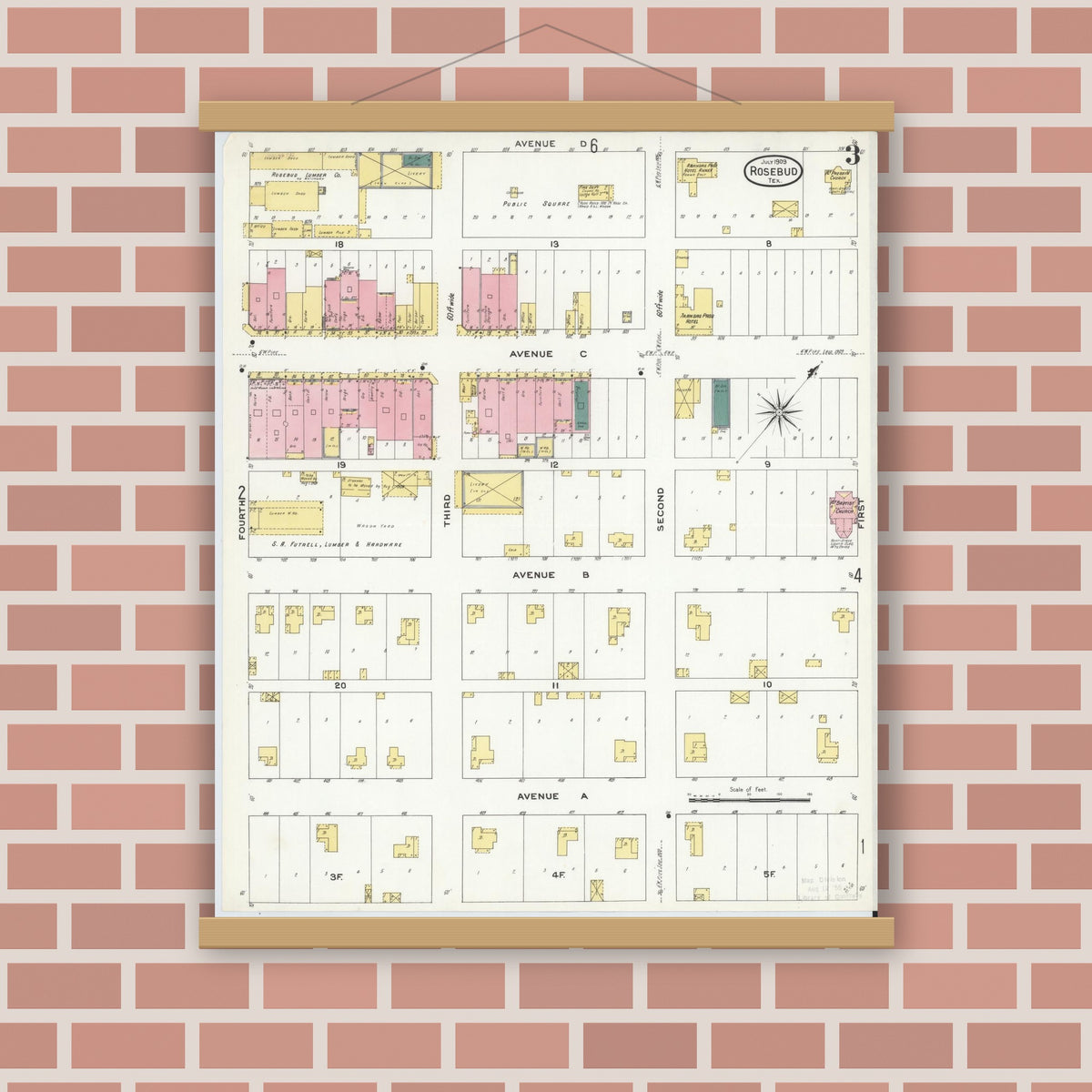 Old map wall art mockup — magnetic wood frame on brick wall — Sanborn Fire Insurance Map from Rosebud, Falls County, Texas (1909), Sheet #0003