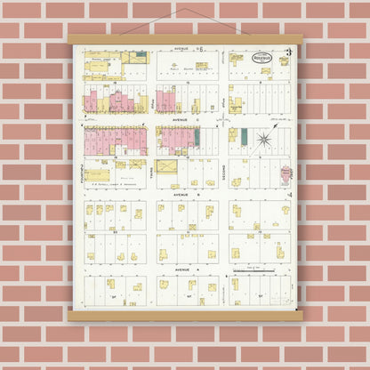 Old map wall art mockup — magnetic wood frame on brick wall — Sanborn Fire Insurance Map from Rosebud, Falls County, Texas (1909), Sheet #0003