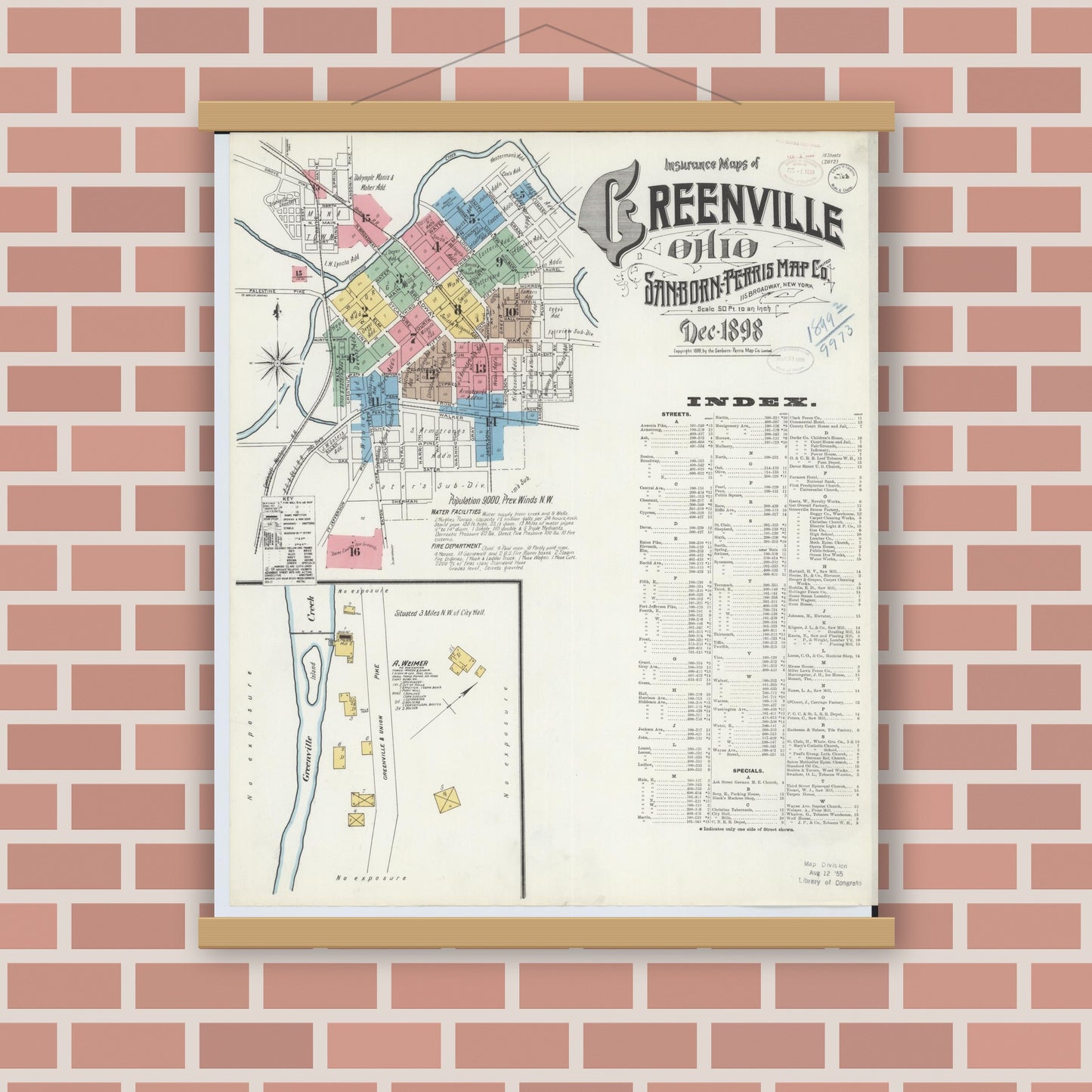 Old map wall art mockup — magnetic wood frame on brick wall — Sanborn Fire Insurance Map from Greenville, Darke County, Ohio (1898) - Complete Map Set