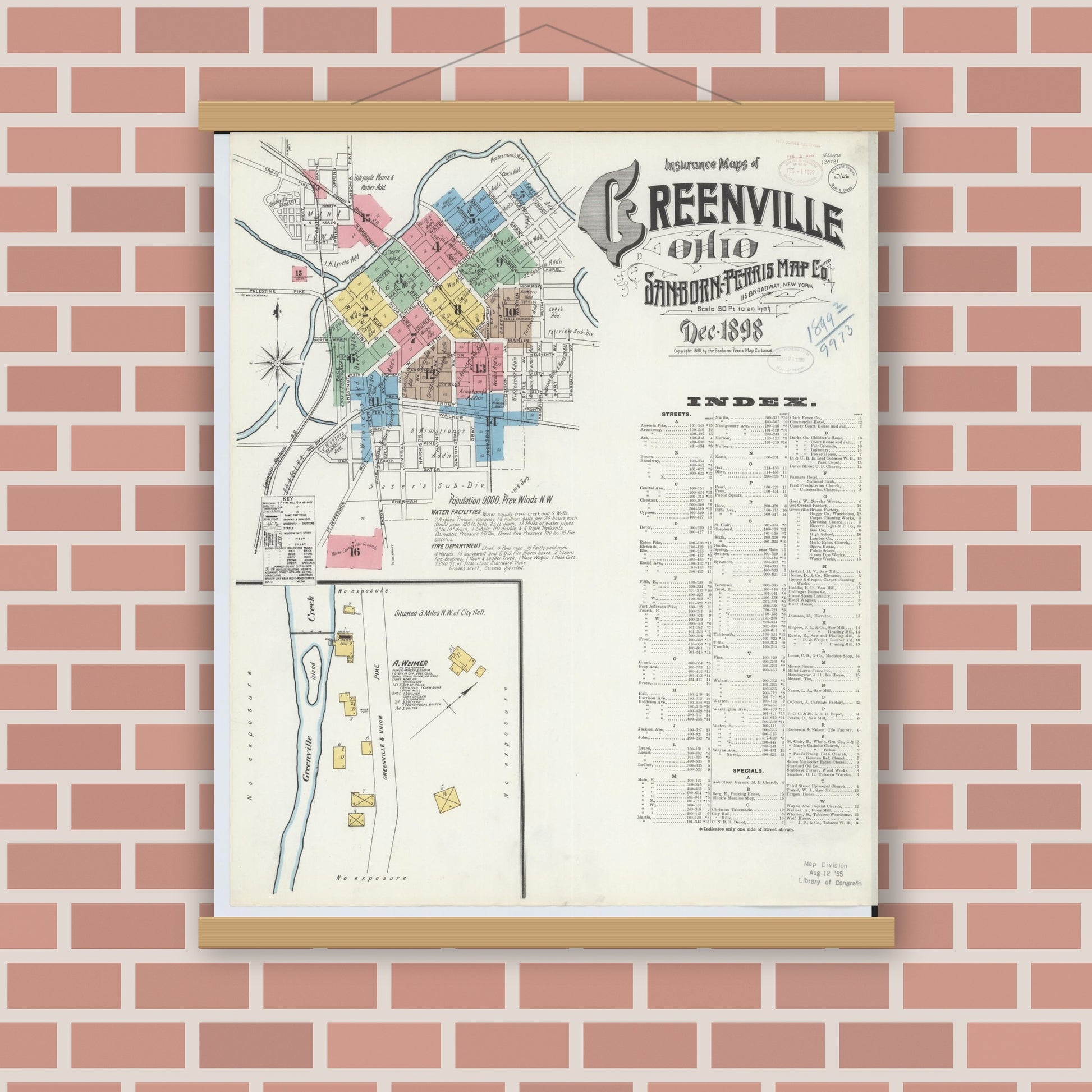 Old map wall art mockup — magnetic wood frame on brick wall — Sanborn Fire Insurance Map from Greenville, Darke County, Ohio (1898) - Complete Map Set