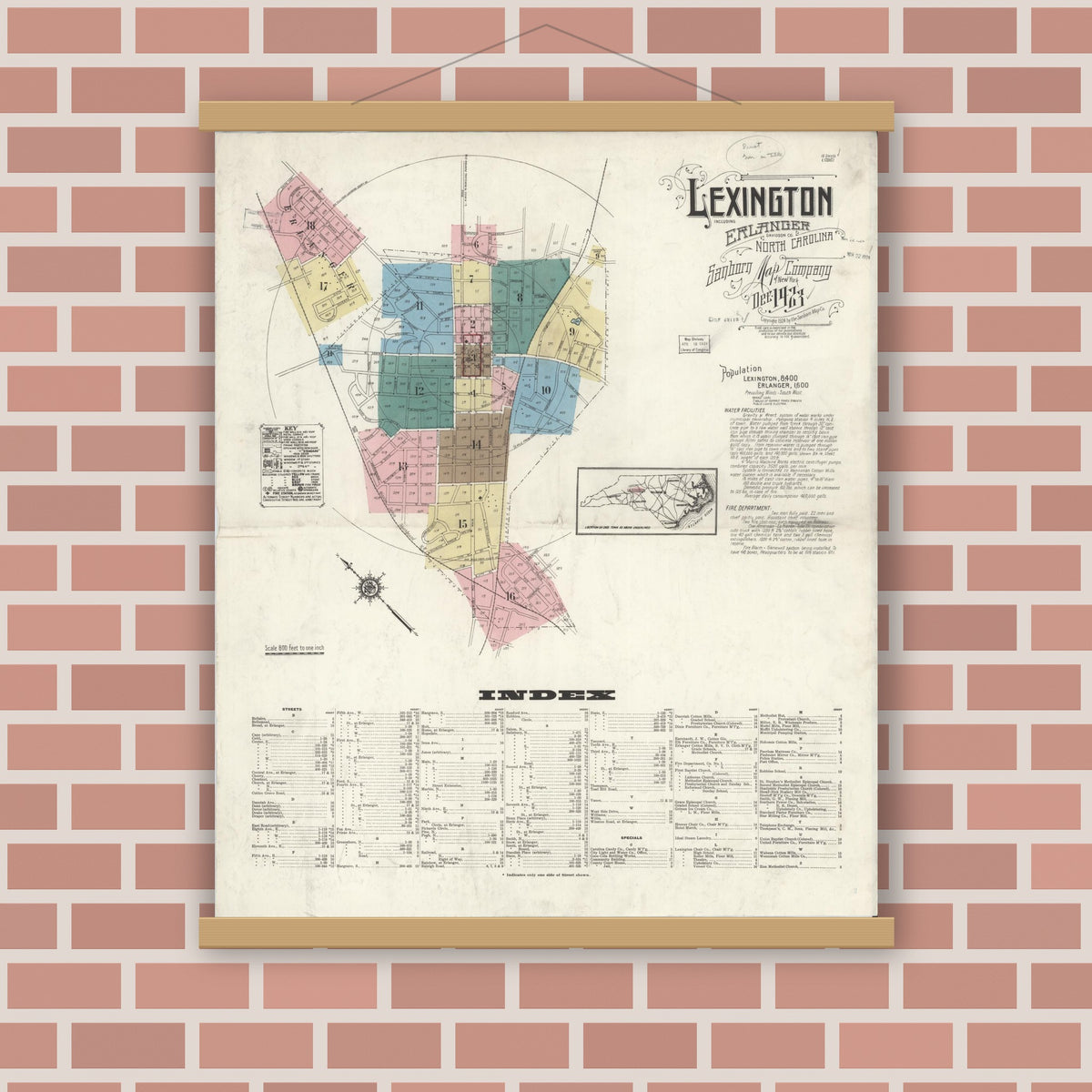 Old map wall art mockup — magnetic wood frame on brick wall — Sanborn Fire Insurance Map from Lexington, Davidson County, North Carolina (1923) - Complete Map Set