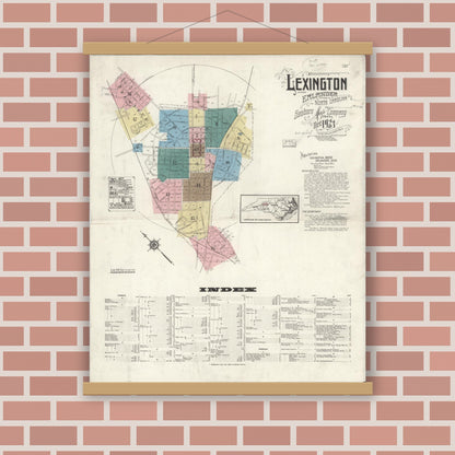 Old map wall art mockup — magnetic wood frame on brick wall — Sanborn Fire Insurance Map from Lexington, Davidson County, North Carolina (1923) - Complete Map Set