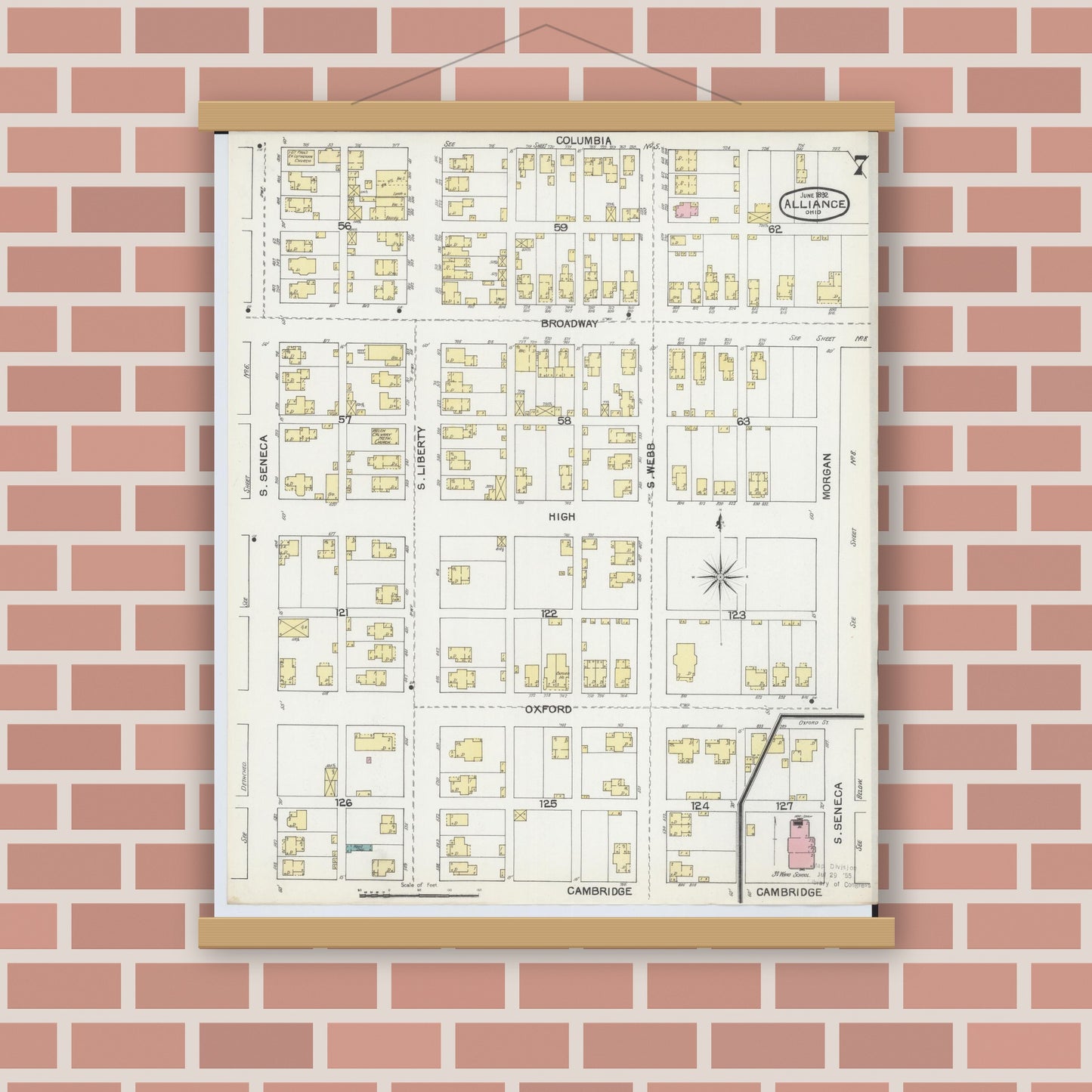 Old map wall art mockup — magnetic wood frame on brick wall — Sanborn Fire Insurance Map from Alliance, Stark County, Ohio (1892), Sheet #0007