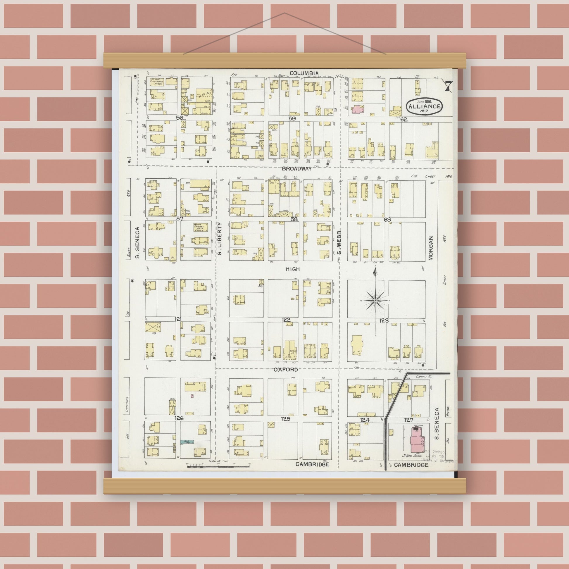 Old map wall art mockup — magnetic wood frame on brick wall — Sanborn Fire Insurance Map from Alliance, Stark County, Ohio (1892), Sheet #0007