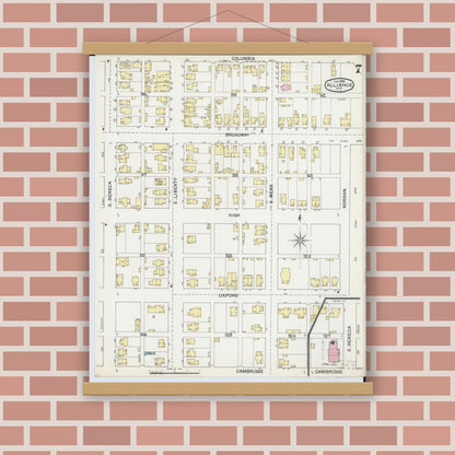 Old map wall art mockup — magnetic wood frame on brick wall — Sanborn Fire Insurance Map from Alliance, Stark County, Ohio (1892), Sheet #0007