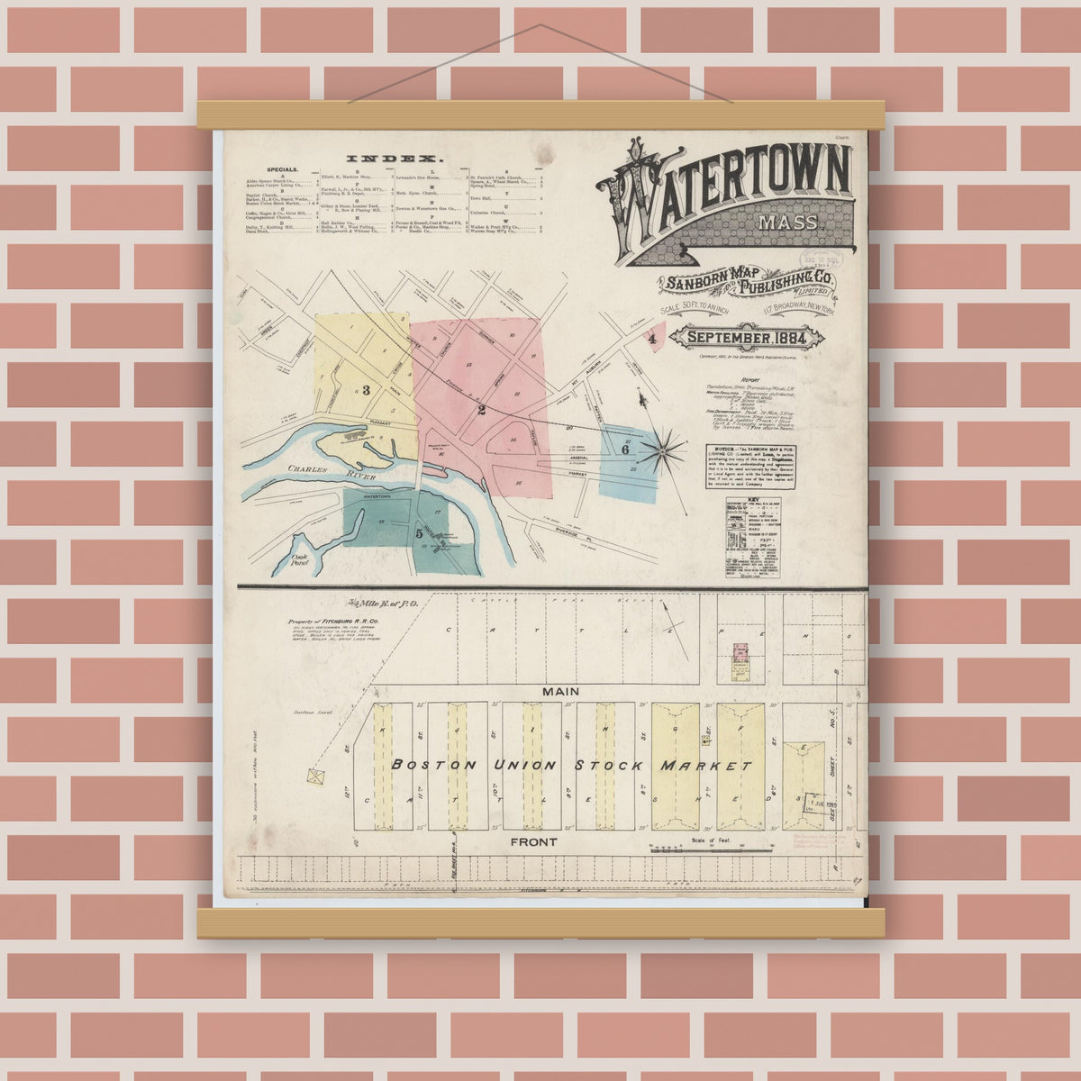 Old map wall art mockup — magnetic wood frame on brick wall — Sanborn Fire Insurance Map from Watertown, Middlesex County, Massachusetts (1884) - Complete Map Set