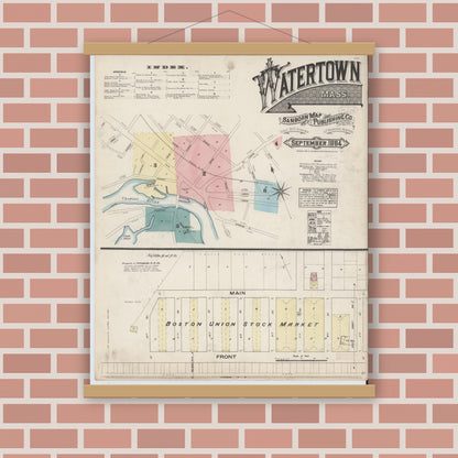 Old map wall art mockup — magnetic wood frame on brick wall — Sanborn Fire Insurance Map from Watertown, Middlesex County, Massachusetts (1884) - Complete Map Set