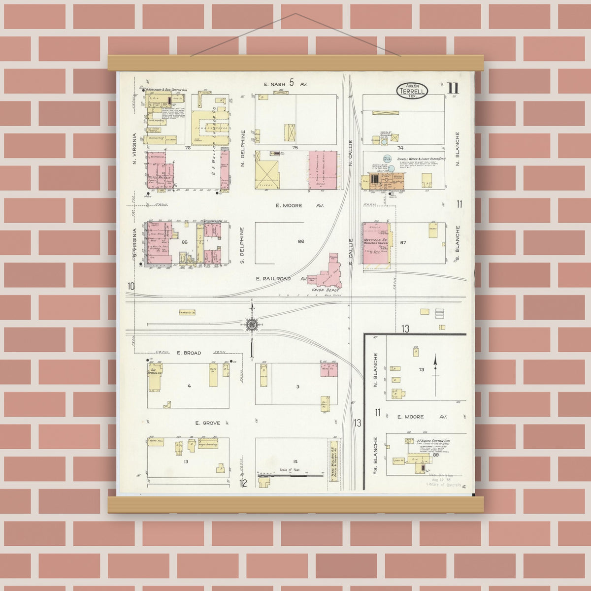 Old map wall art mockup — magnetic wood frame on brick wall — Sanborn Fire Insurance Map from Terrell, Kaufman County, Texas (1914), Sheet #0011