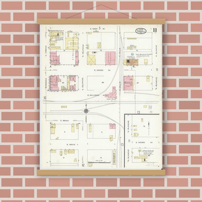 Old map wall art mockup — magnetic wood frame on brick wall — Sanborn Fire Insurance Map from Terrell, Kaufman County, Texas (1914), Sheet #0011