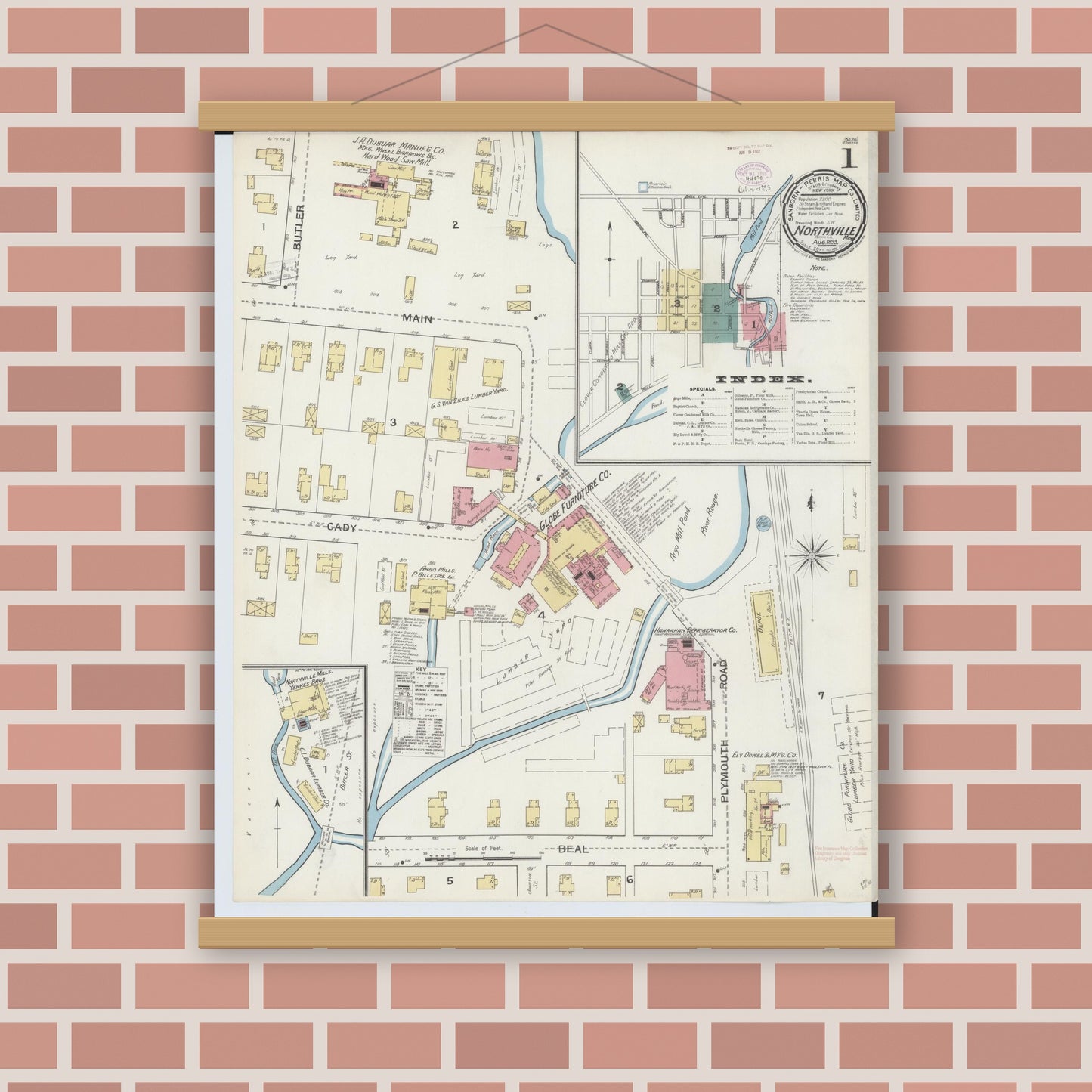 Old map wall art mockup — magnetic wood frame on brick wall — Sanborn Fire Insurance Map from Northville, Wayne County, Michigan (1893) - Complete Map Set