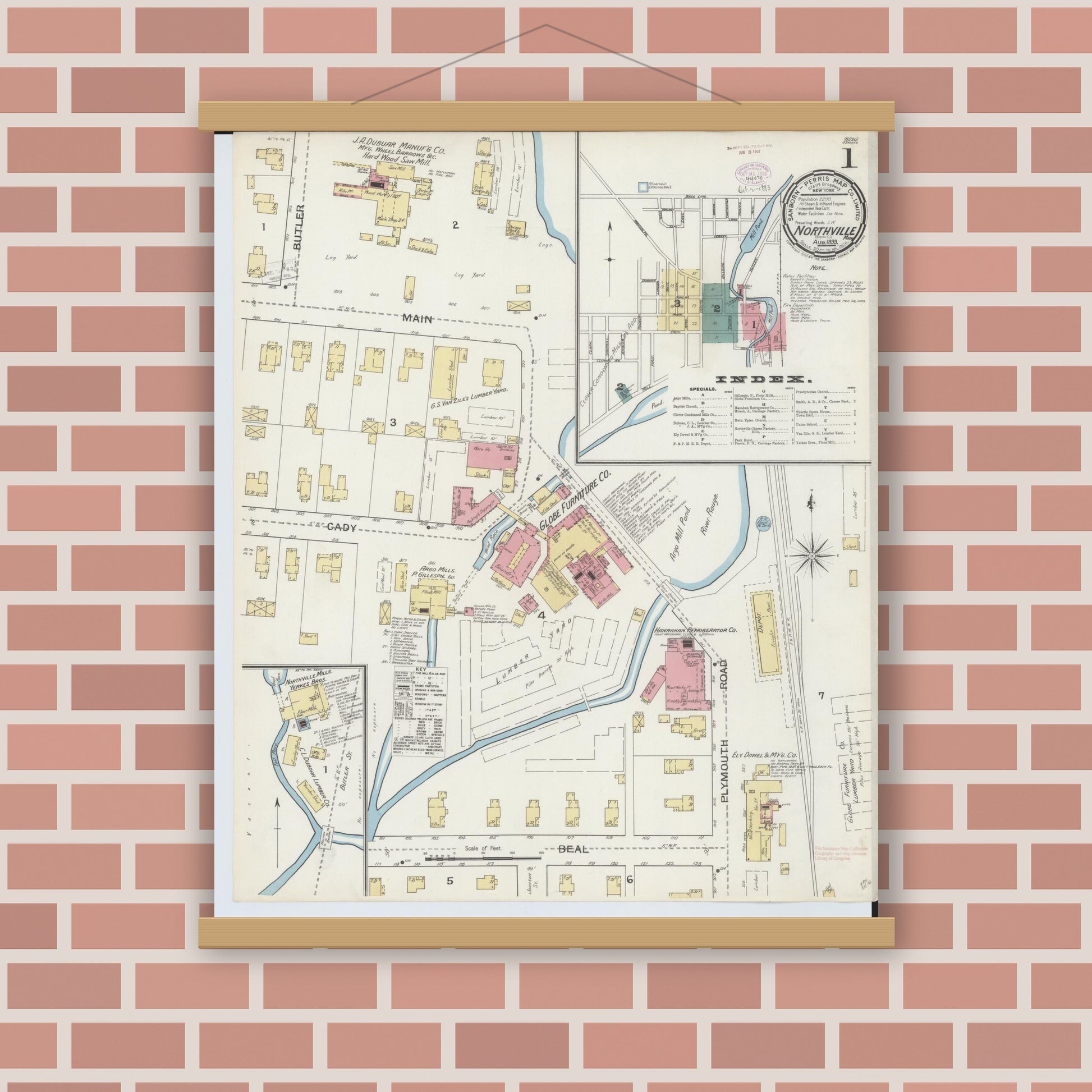 Old map wall art mockup — magnetic wood frame on brick wall — Sanborn Fire Insurance Map from Northville, Wayne County, Michigan (1893) - Complete Map Set
