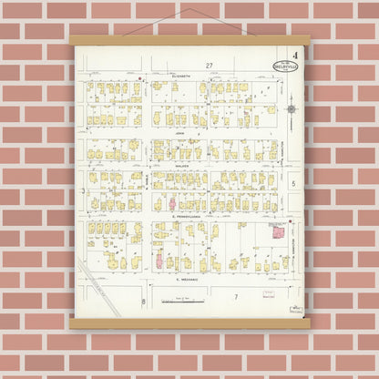 Old map wall art mockup — magnetic wood frame on brick wall — Sanborn Fire Insurance Map from Shelbyville, Shelby County, Indiana (1910), Sheet #0004