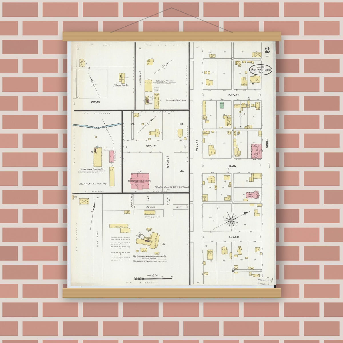Old map wall art mockup — magnetic wood frame on brick wall — Sanborn Fire Insurance Map from Brownstown, Jackson County, Indiana (1899), Sheet #0002