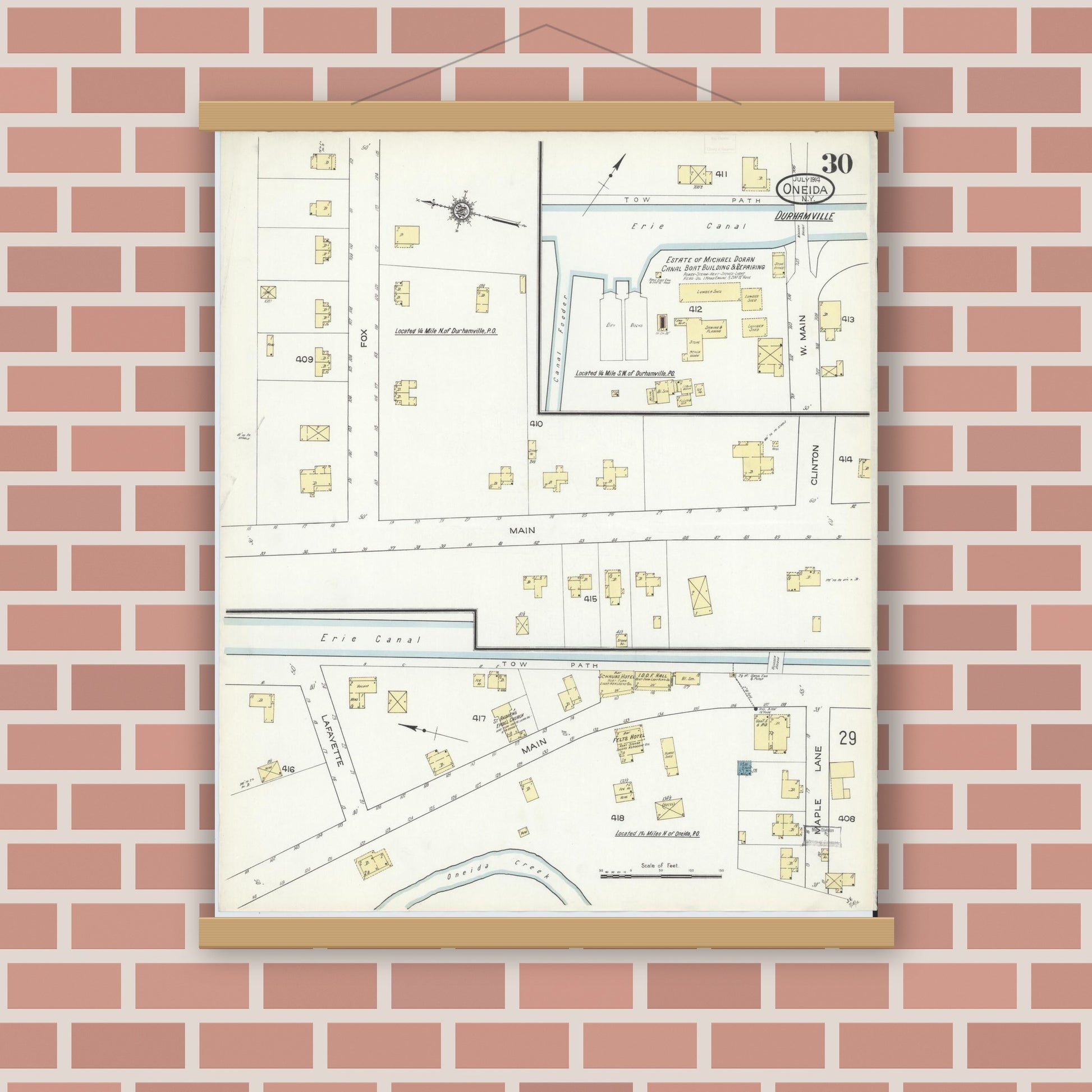 Old map wall art mockup — magnetic wood frame on brick wall — Sanborn Fire Insurance Map from Oneida, Madison County, New York (1914), Sheet #0030