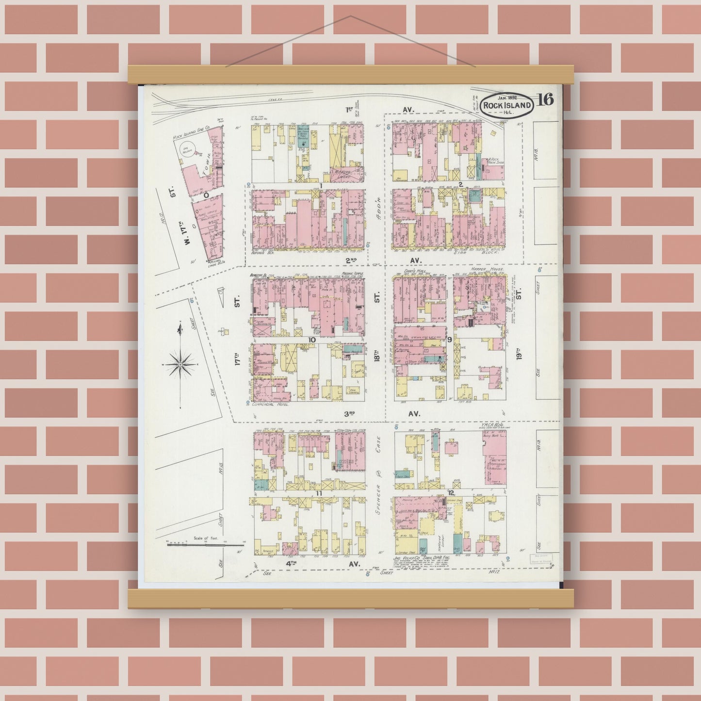 Old map wall art mockup — magnetic wood frame on brick wall — Sanborn Fire Insurance Map from Rock Island, Rock Island County, Illinois (1892), Sheet #0016