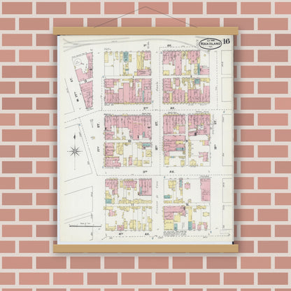 Old map wall art mockup — magnetic wood frame on brick wall — Sanborn Fire Insurance Map from Rock Island, Rock Island County, Illinois (1892), Sheet #0016