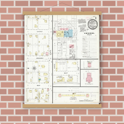 Old map wall art mockup — magnetic wood frame on brick wall — Sanborn Fire Insurance Map from Toledo, Tama County, Iowa (1892) â€” Complete Set