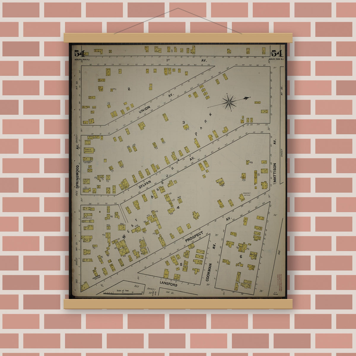Old map wall art mockup — magnetic wood frame on brick wall — Sanborn Fire Insurance Map from New Jersey Coast, New Jersey Coast, New Jersey (1890), Sheet #0054