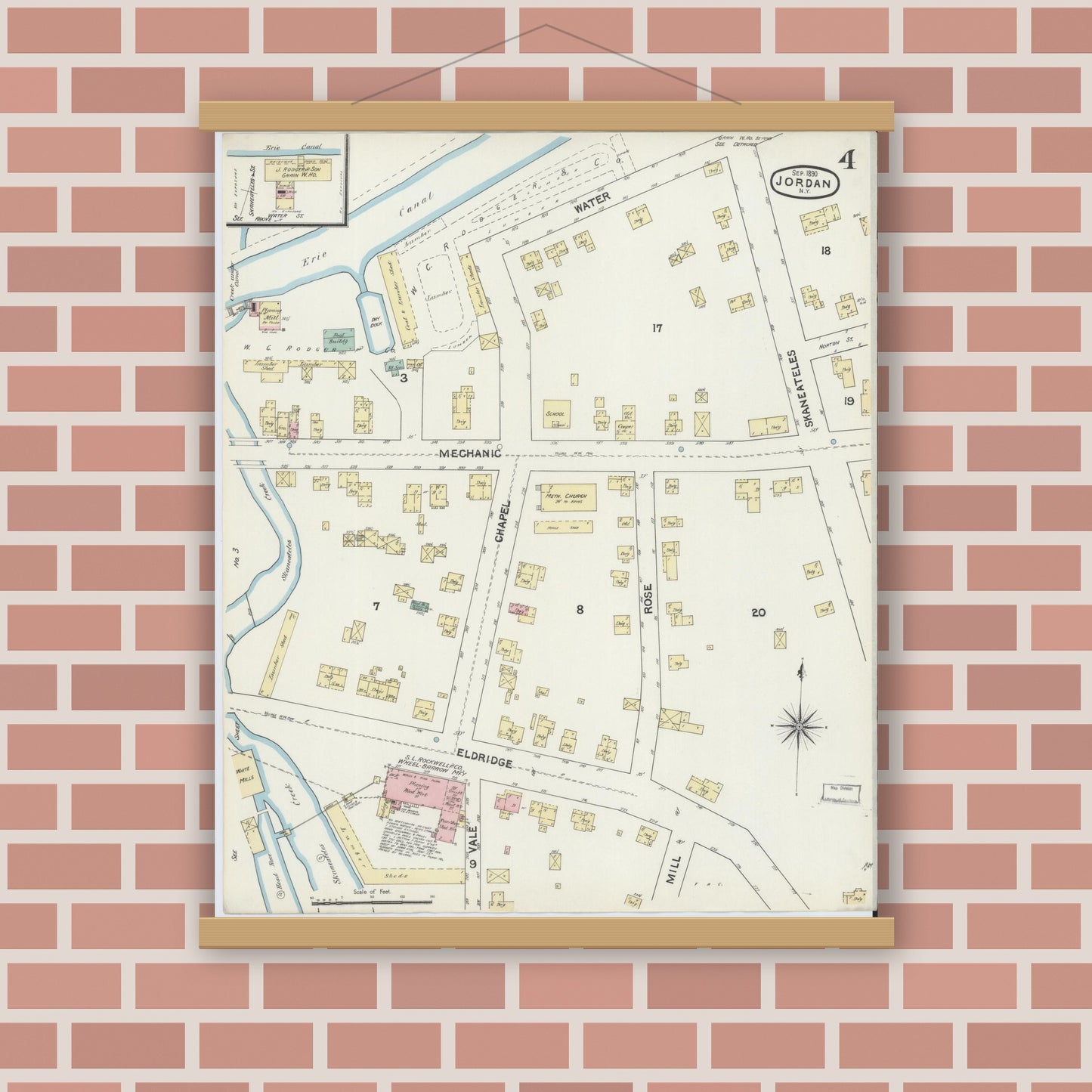 Old map wall art mockup — magnetic wood frame on brick wall — Sanborn Fire Insurance Map from Jordan, Onondaga County, New York (1890), Sheet #0004