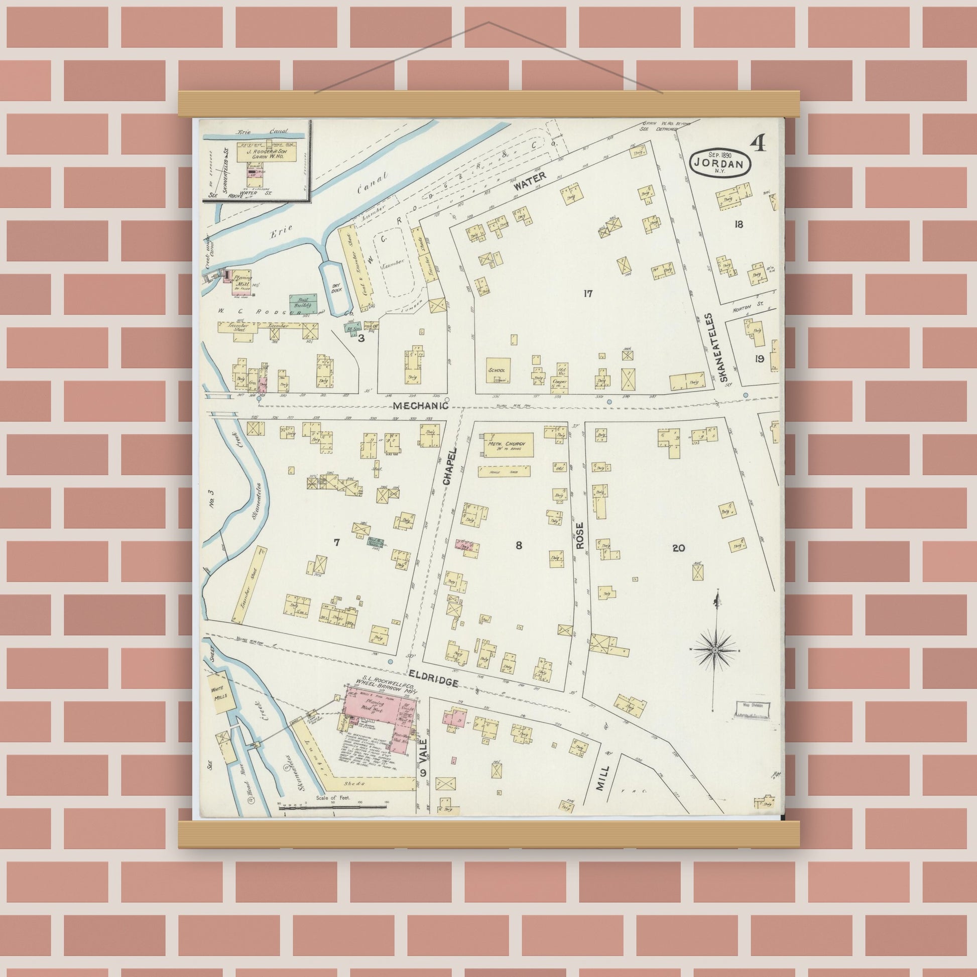 Old map wall art mockup — magnetic wood frame on brick wall — Sanborn Fire Insurance Map from Jordan, Onondaga County, New York (1890), Sheet #0004