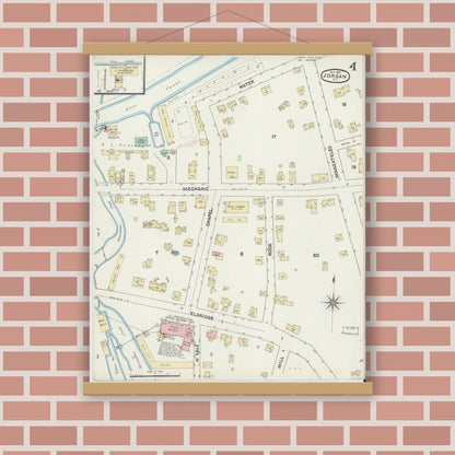 Old map wall art mockup — magnetic wood frame on brick wall — Sanborn Fire Insurance Map from Jordan, Onondaga County, New York (1890), Sheet #0004