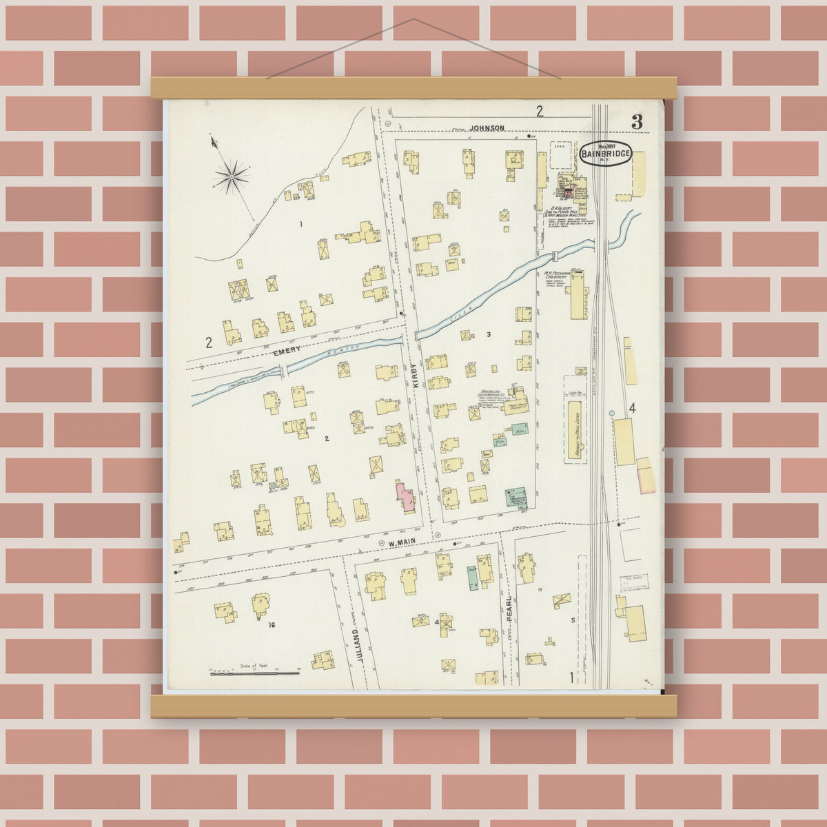 Old map wall art mockup — magnetic wood frame on brick wall — Sanborn Fire Insurance Map from Bainbridge, Chenango County, New York (1897), Sheet #0003