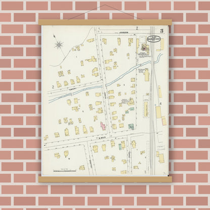 Old map wall art mockup — magnetic wood frame on brick wall — Sanborn Fire Insurance Map from Bainbridge, Chenango County, New York (1897), Sheet #0003