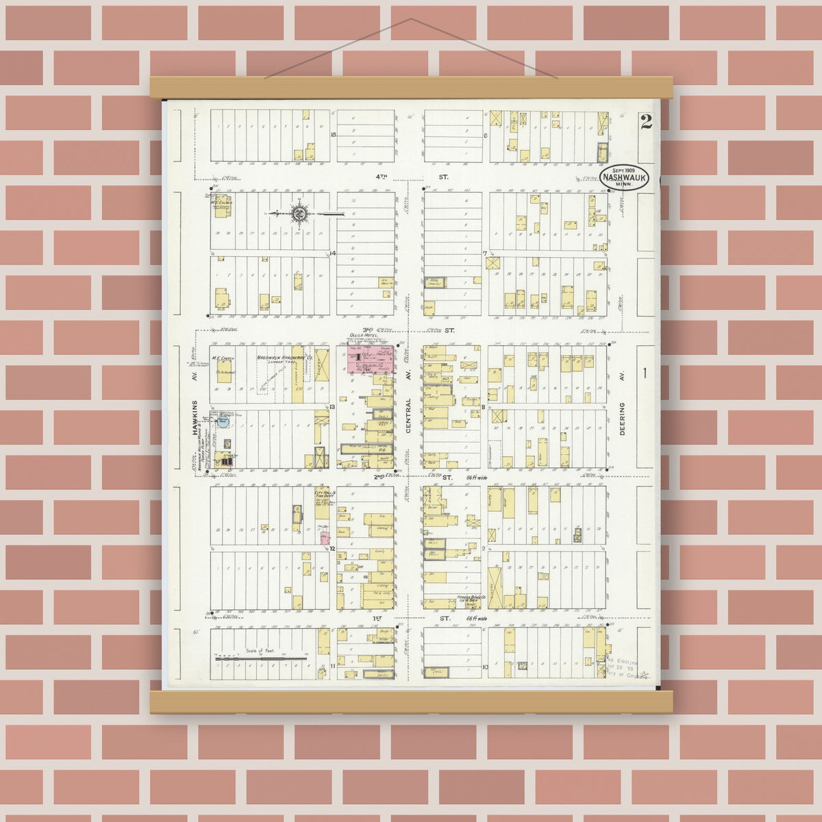 Old map wall art mockup — magnetic wood frame on brick wall — Sanborn Fire Insurance Map from Nashwauk, Itasca County, Minnesota (1909), Sheet #0002