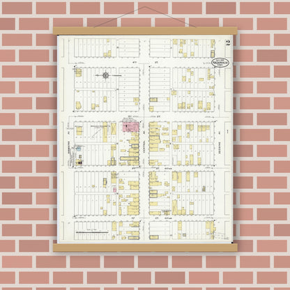 Old map wall art mockup — magnetic wood frame on brick wall — Sanborn Fire Insurance Map from Nashwauk, Itasca County, Minnesota (1909), Sheet #0002
