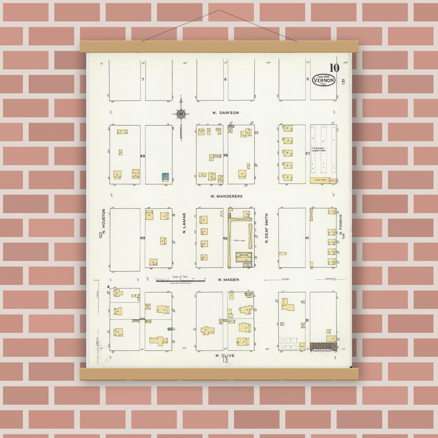 Old map wall art mockup — magnetic wood frame on brick wall — Sanborn Fire Insurance Map from Vernon, Wilbarger County, Texas (1920), Sheet #0010