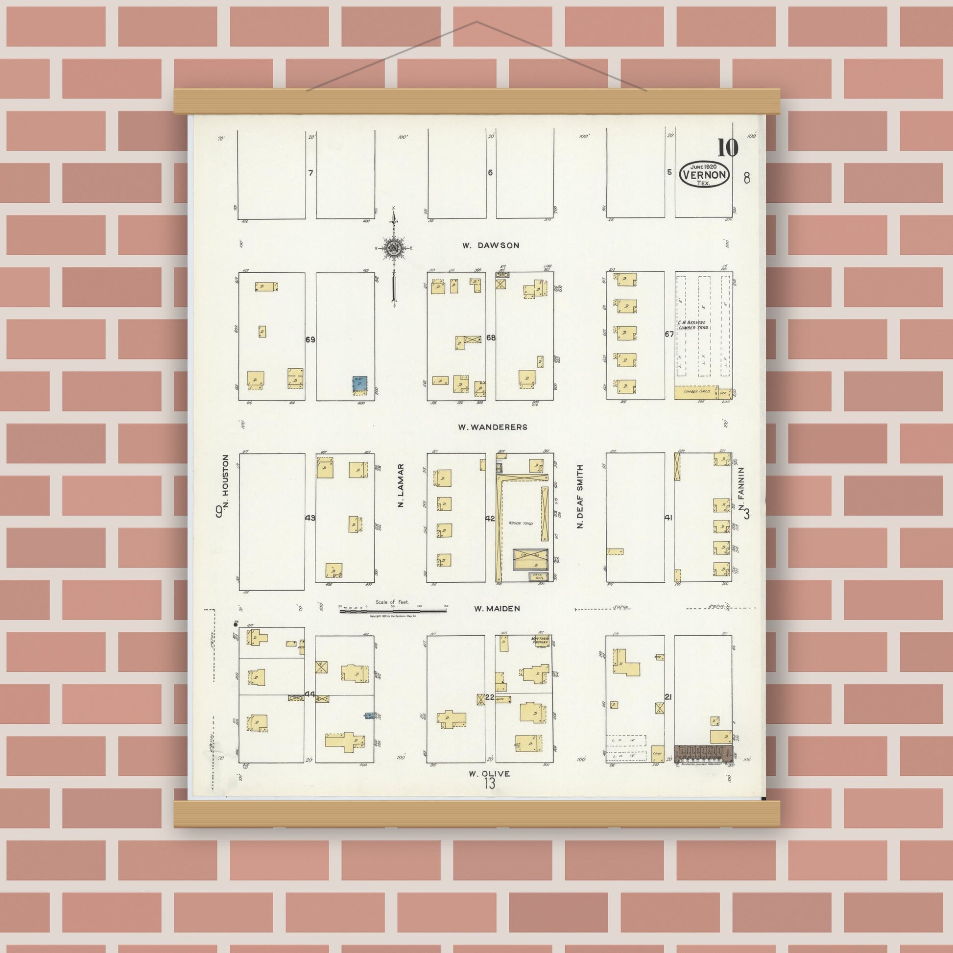 Old map wall art mockup — magnetic wood frame on brick wall — Sanborn Fire Insurance Map from Vernon, Wilbarger County, Texas (1920), Sheet #0010